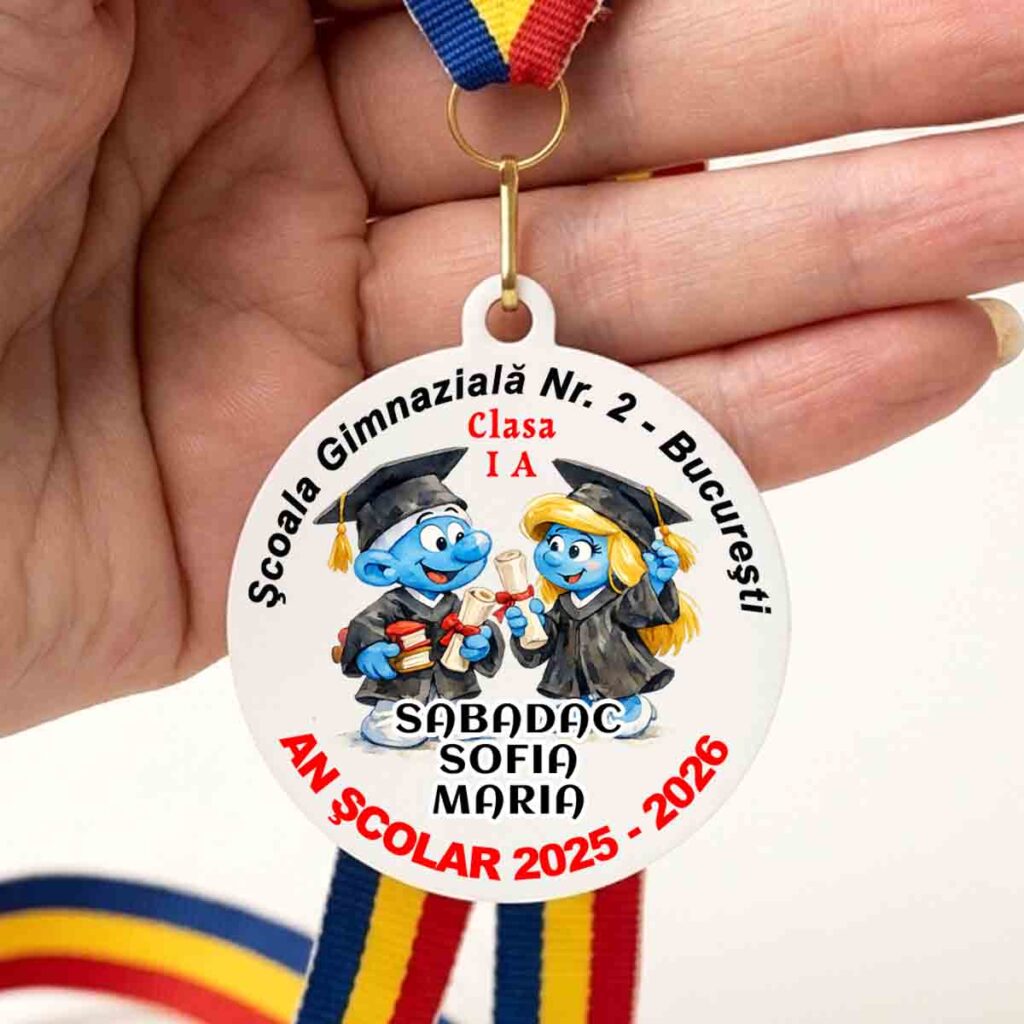 Medalie personalizata copii cu Strumfi, nume si mesaj, pentru final de an scolar gradinita sau clase primare