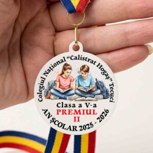 Medalie personalizata elevi din MDF pentru premiere scoala, cadou unic sfarsit de an scolar, design color cu copii citind