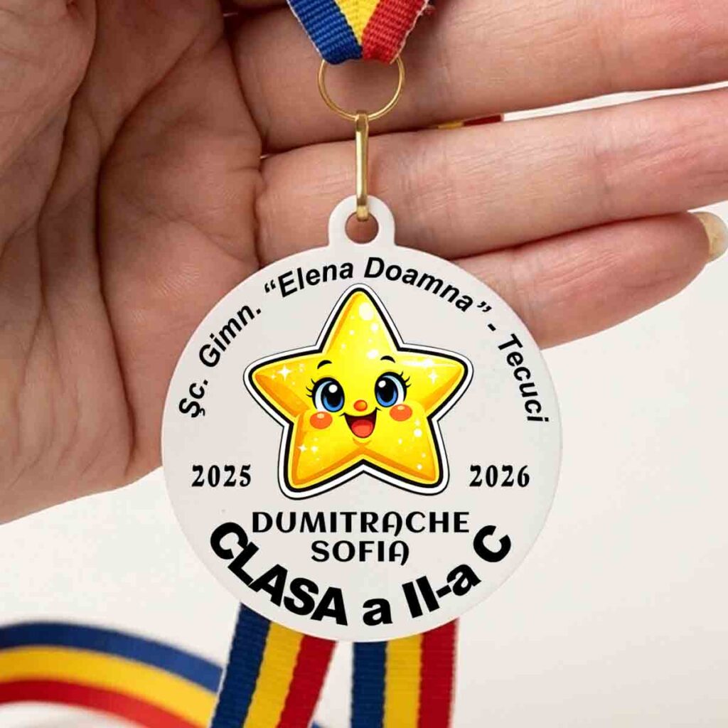 medalie personalizata steluta pentru premiere elevi cu snur tricolor