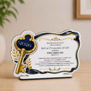 Plachetă personalizată șef de promoție cu design cheie aurie, cadou absolvire elegant din MDF personalizat Dedaruit