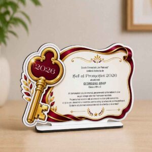 Plachetă MDF personalizată „Șef de Promoție 2026” cu design elegant roșu și cheie simbolică pentru absolvire