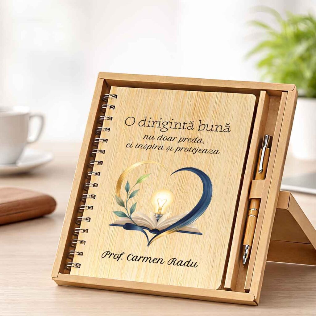 Set cadou personalizat diriginta cu agenda A5 bambus, pix din lemn si cutie cadou eco Dedaruit