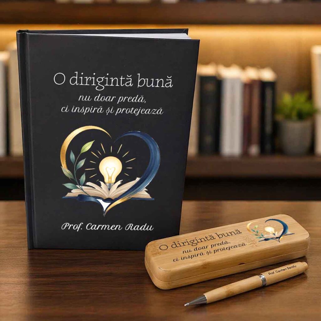 Set cadou personalizat diriginta cu agenda, pix si cutie bambus gravata cu mesaj inspirational