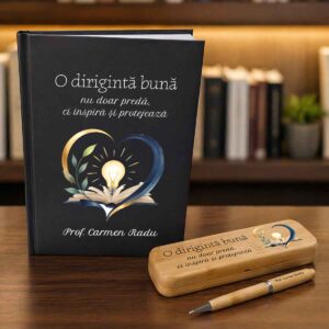 Set cadou personalizat diriginta cu agenda, pix si cutie bambus gravata cu mesaj inspirational