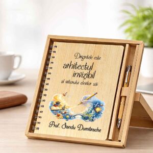 Set cadou personalizat diriginte cu agenda A5 din bambus, pix elegant si cutie premium de la Dedaruit