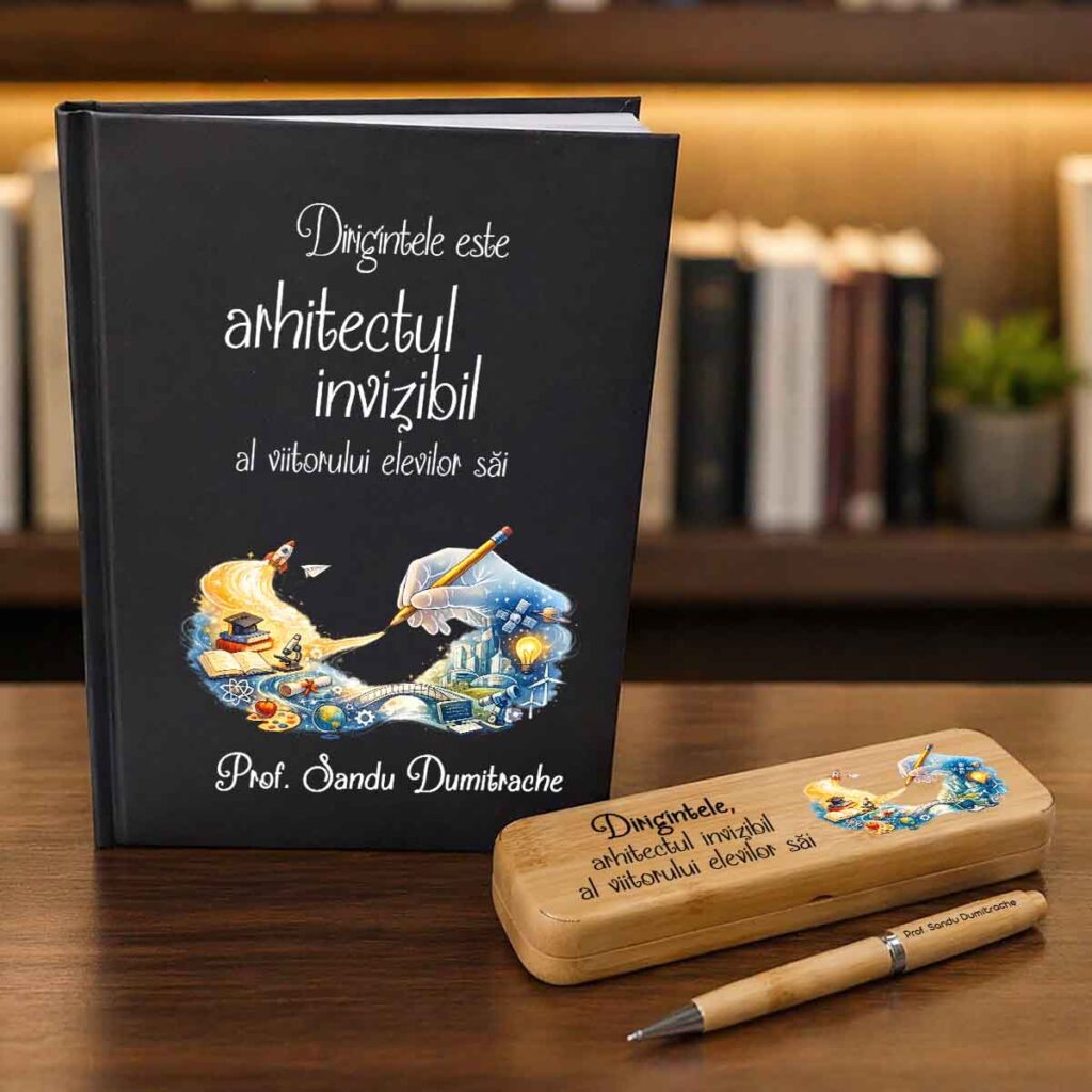 Set cadou personalizat pentru diriginte cu agenda, pix si cutie din bambus cu mesaj inspirational