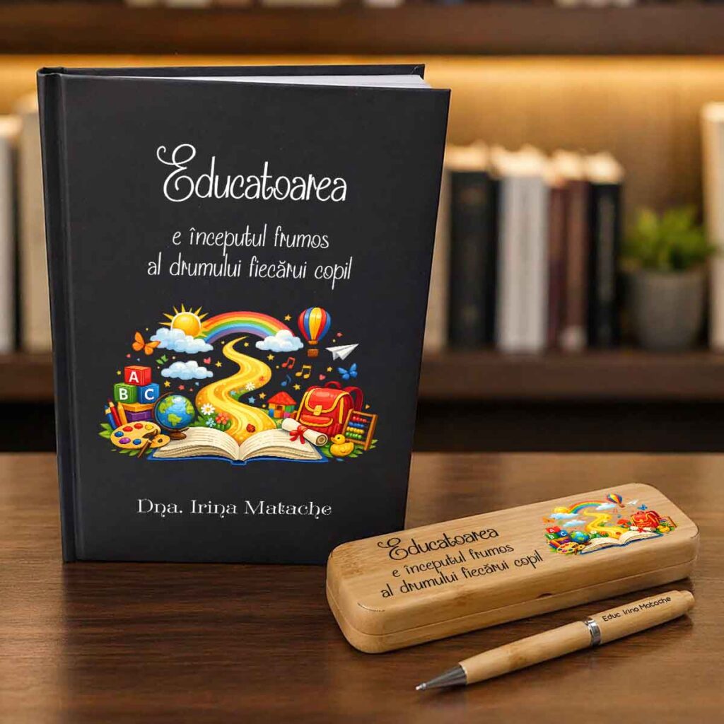 Set cadou personalizat educatoare cu agenda, pix gravat si cutie bambus Dedaruit