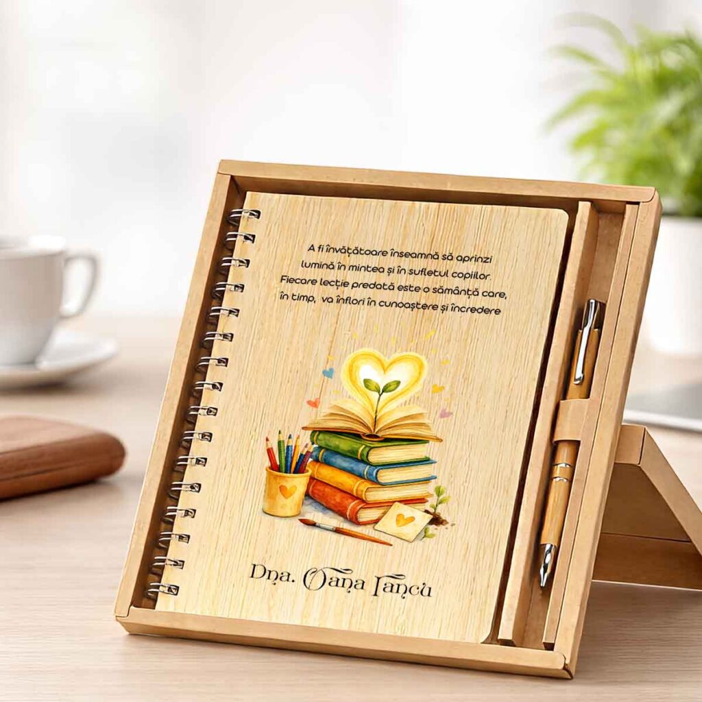 Set cadou personalizat invatatoare agenda A5 bambus si pix din bambus in cutie cadou Dedaruit