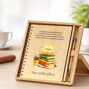Set cadou personalizat invatatoare agenda A5 bambus si pix din bambus in cutie cadou Dedaruit