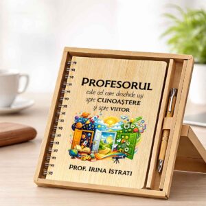 Set cadou personalizat profesor cu agenda A5 din bambus si pix elegant din lemn, ambalat in cutie eco