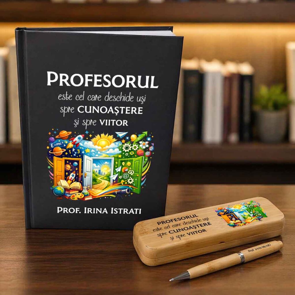 Set cadou personalizat profesori cu agenda notebook, pix elegant și cutie din bambus gravată – cadou premium Dedaruit