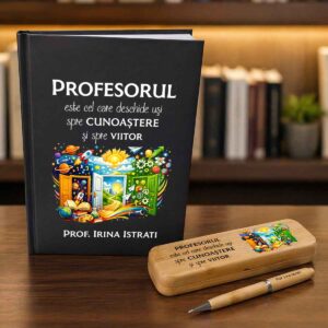 Set cadou personalizat profesori cu agenda notebook, pix elegant și cutie din bambus gravată – cadou premium Dedaruit