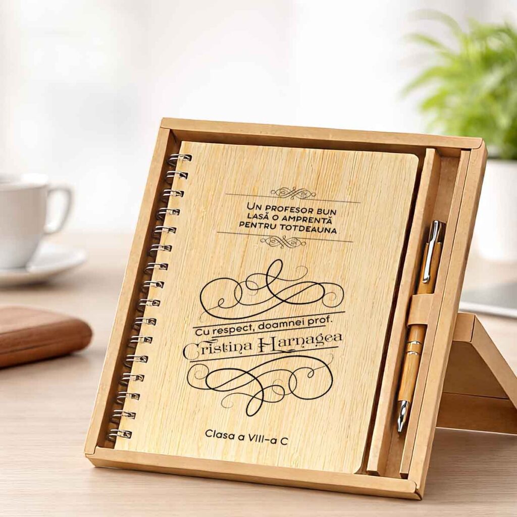 Set personalizat agendă A5 din bambus și pix eco, cadou pentru profesoară personalizat Dedaruit