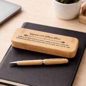 Set pix personalizat profesor din bambus cu cutie premium gravată, cadou elegant de la Dedaruit