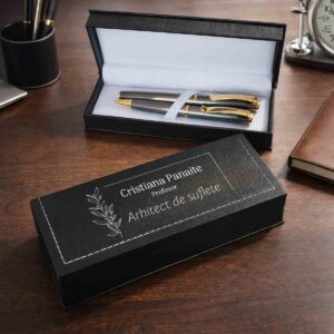set pixuri premium personalizat stilou pix metalic grafit cutie eleganta cadou profesoara