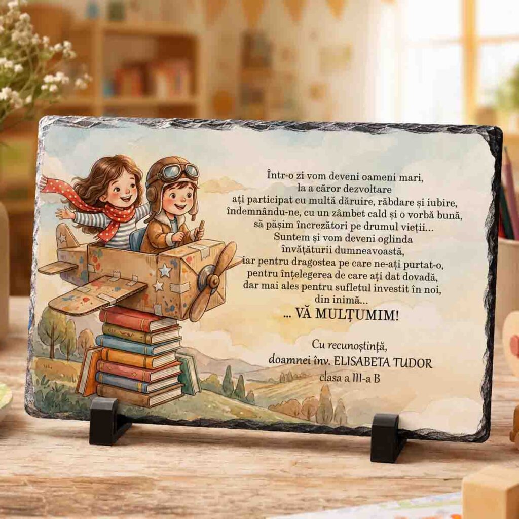Ardezie personalizată cadou pentru învățătoare cu mesaj emoționant de mulțumire și design elegant premium