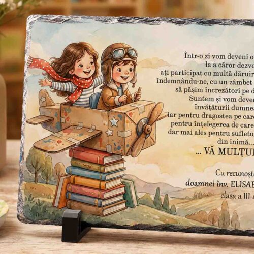 Ardezie personalizată cadou pentru învățătoare cu mesaj emoționant de mulțumire. Disponibilă în 20x15 cm și 30x20 cm pe Dedaruit.