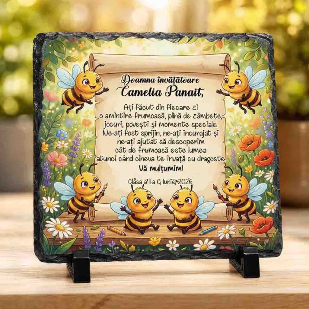 Placa de ardezie personalizată pentru învățătoare sau educatoare cu design Albinuțe și mesaj emoționant – cadou personalizat Dedaruit