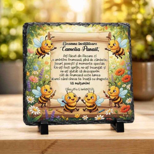 Ardezie personalizată pentru învățătoare cu design Albinuțe și mesaj emoționant – cadou personalizat Dedaruit