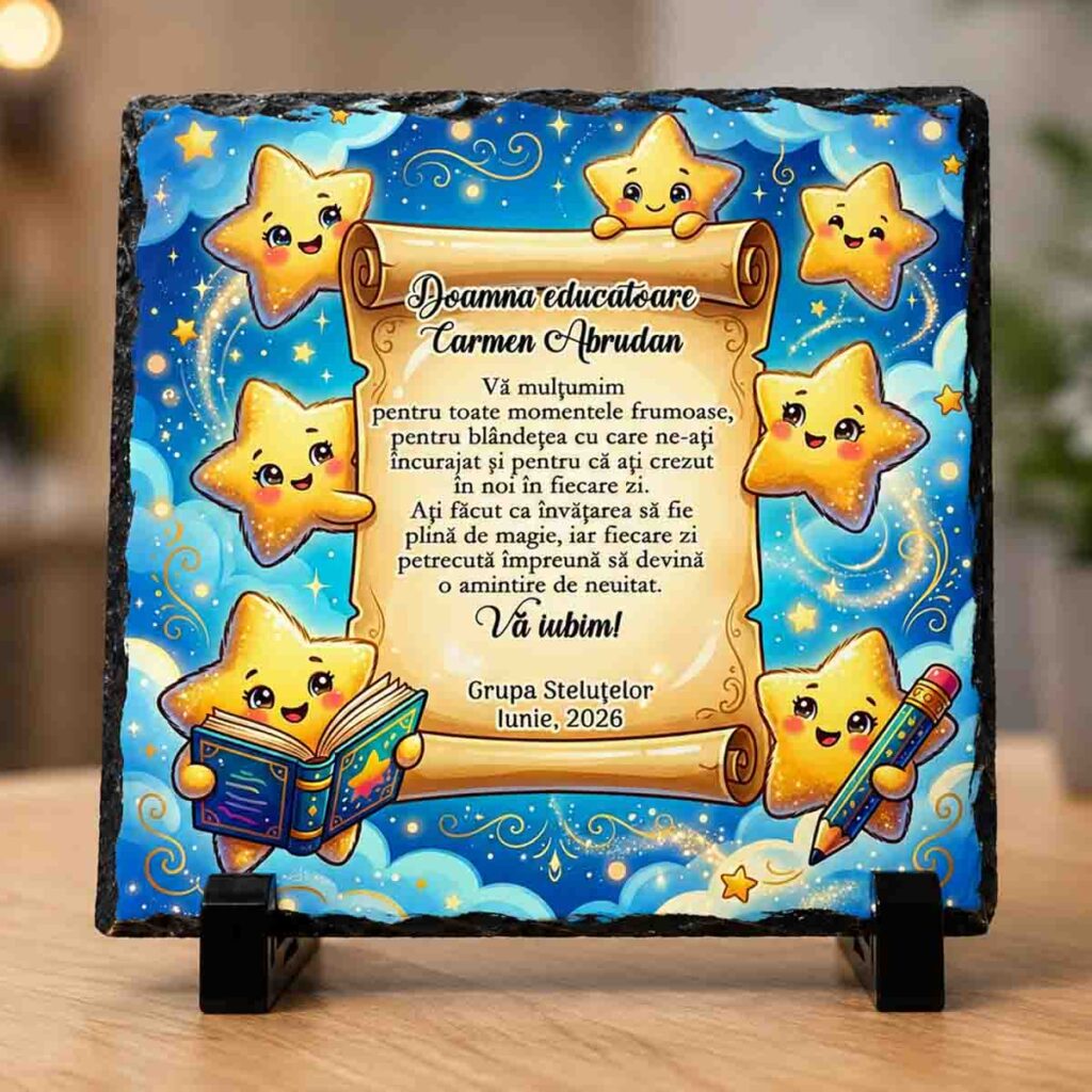 Ardezie personalizată pentru educatoare cu steluțe vesele și mesaj emoționant din partea Grupei Steluțelor – cadou personalizat Dedaruit