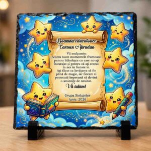 Ardezie personalizată pentru educatoare cu steluțe vesele și mesaj emoționant din partea Grupei Steluțelor – cadou personalizat Dedaruit