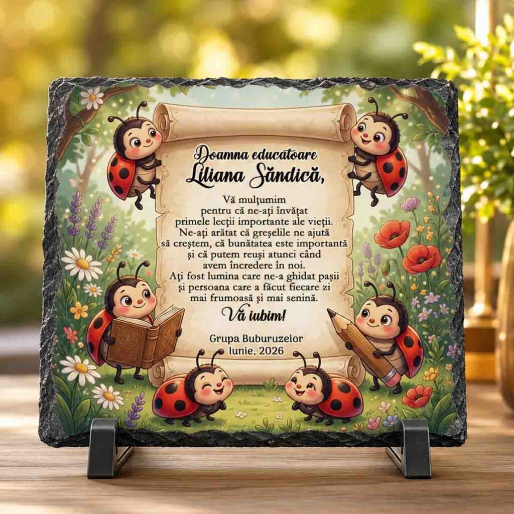 Ardezie personalizată pentru educatoare cu mesaj emoționant și design cu buburuze – cadou special grupa Buburuzelor