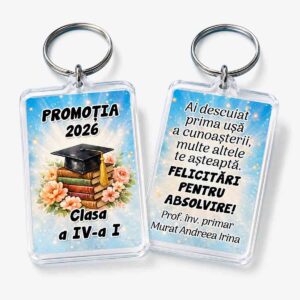 Breloc personalizat absolvire clasa a IV-a din acrilic transparent, cadou pentru elevi de la doamna învățătoare
