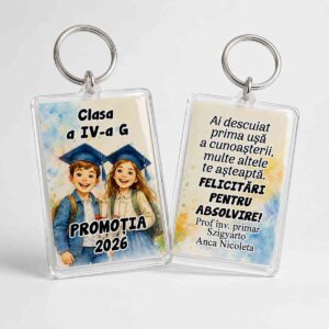 Breloc personalizat absolvire din acrilic transparent pentru Clasa Isteților promoția 2026, cadou de la doamna învățătoare