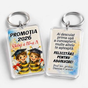 Breloc personalizat Clasa Albinuțelor din acrilic transparent pentru absolvirea clasei a IV-a
