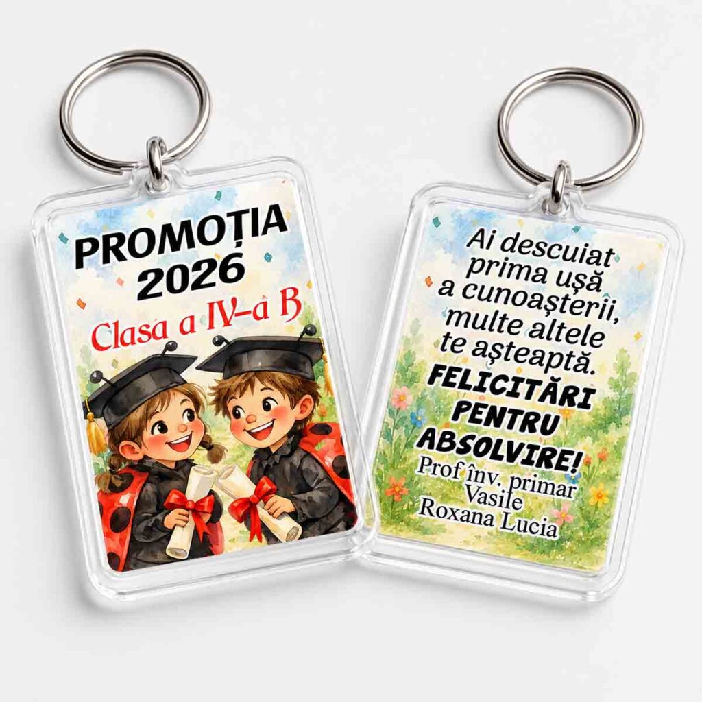 Breloc personalizat Clasa Buburuzelor din acrilic transparent pentru absolvirea clasei a IV-a . Cadou de la doamna învățătoare creat cu grija la Dedaruit