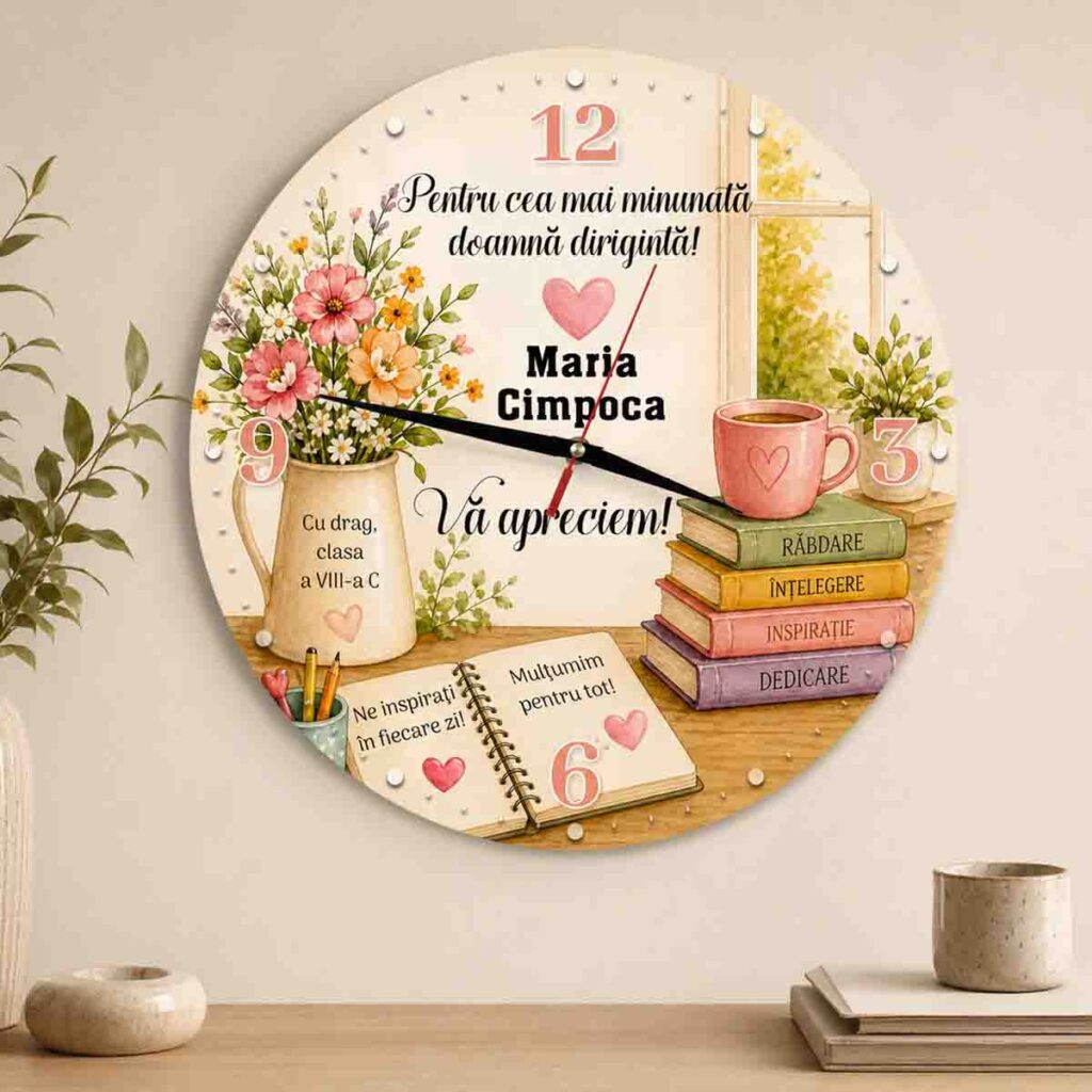 Ceas de perete personalizat diriginta din MDF, cadou emotional pentru profesoara cu mesaj si design floral elegant
