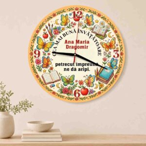 Ceas personalizat pentru învăţătoare din MDF cu fluturași, cadou pentru clasa Fluturașilor
