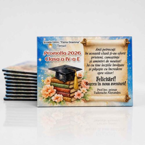 Magnet personalizat absolvire Clasa a IV-a Promoția 2026 cu mesaj emoționant pentru elevi și învățătoare