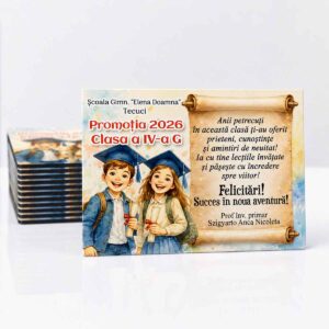 Magnet personalizat absolvire clasa a IV-a Promoția 2026 cu mesaj emoționant pentru elevi