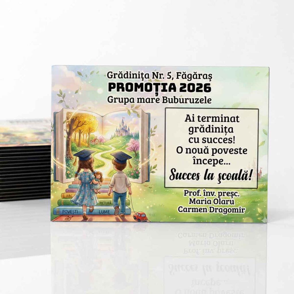 Magnet personalizat absolvire grădiniţă pentru preşcolari, model flexibil 9x7 cm, cadou promoţia 2026 realizat de Dedaruit