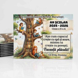 Magnet personalizat final de an şcolar pentru elevi cu ilustraţie copii citind în copac şi mesaj educativ – Dedaruit
