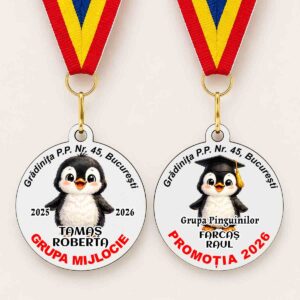 medalie absolvire pinguin personalizata cu nume pentru copii gradinita si scoala