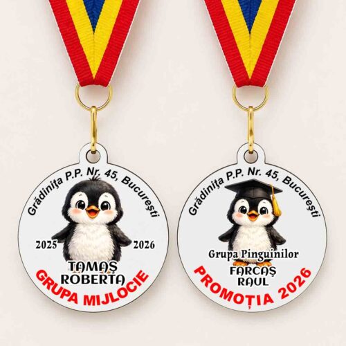 medalie absolvire pinguin personalizata cu nume pentru copii gradinita si scoala