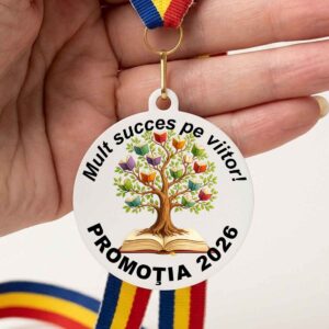 Medalie personalizata absolvent din lemn model Copac cu cărți pentru școală și grădiniță