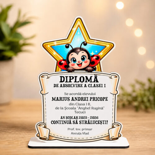 Trofeu diplomă absolvire clasă cu buburuză veselă, personalizat pentru copii, realizat din MDF printat UV, cadou pentru sfârșit de an școlar