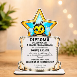 Trofeu diplomă personalizat albinuță cu nume copil pentru grădiniță sau școală, cadou simbolic de final de an de la Dedaruit