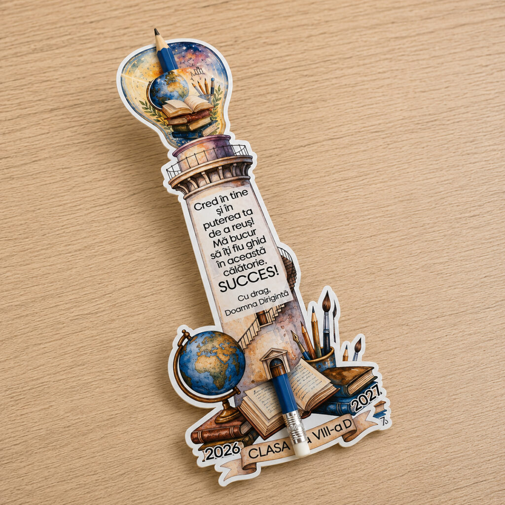 Cadou personalizat pentru elevi cu suport pentru creion în forma Farului Cunoașterii, personalizat cu mesaj, numele clasei și anul școlar, ideal pentru începutul sau sfârșitul anului școlar.
