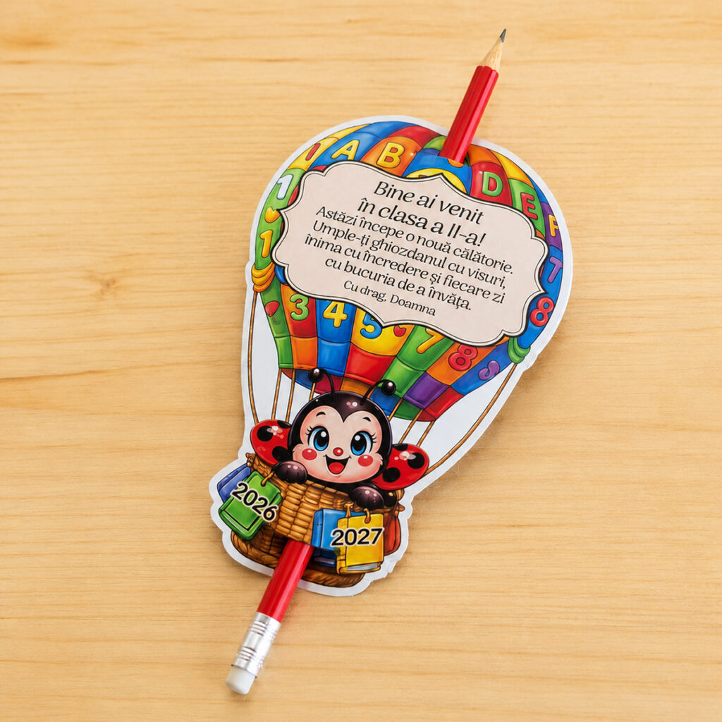Cadou prima zi de școală – Creion cu suport personalizat Buburuza, balon cu aer cald personalizat cu nume, mesaj și mascotă la alegere, realizat de Dedaruit.