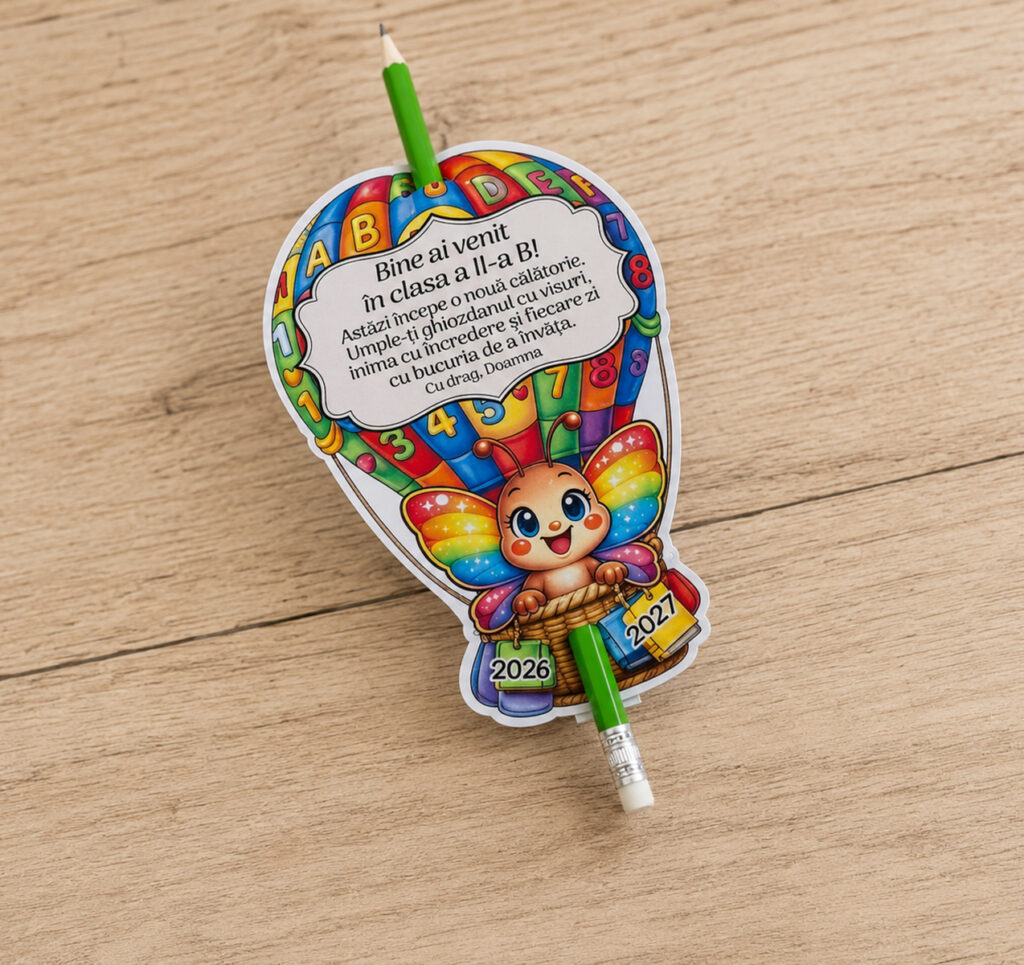 Cadou prima zi de școală – Creion cu suport personalizat Fluturas, balon cu aer cald personalizat cu nume, mesaj și mascotă la alegere, realizat de Dedaruit.