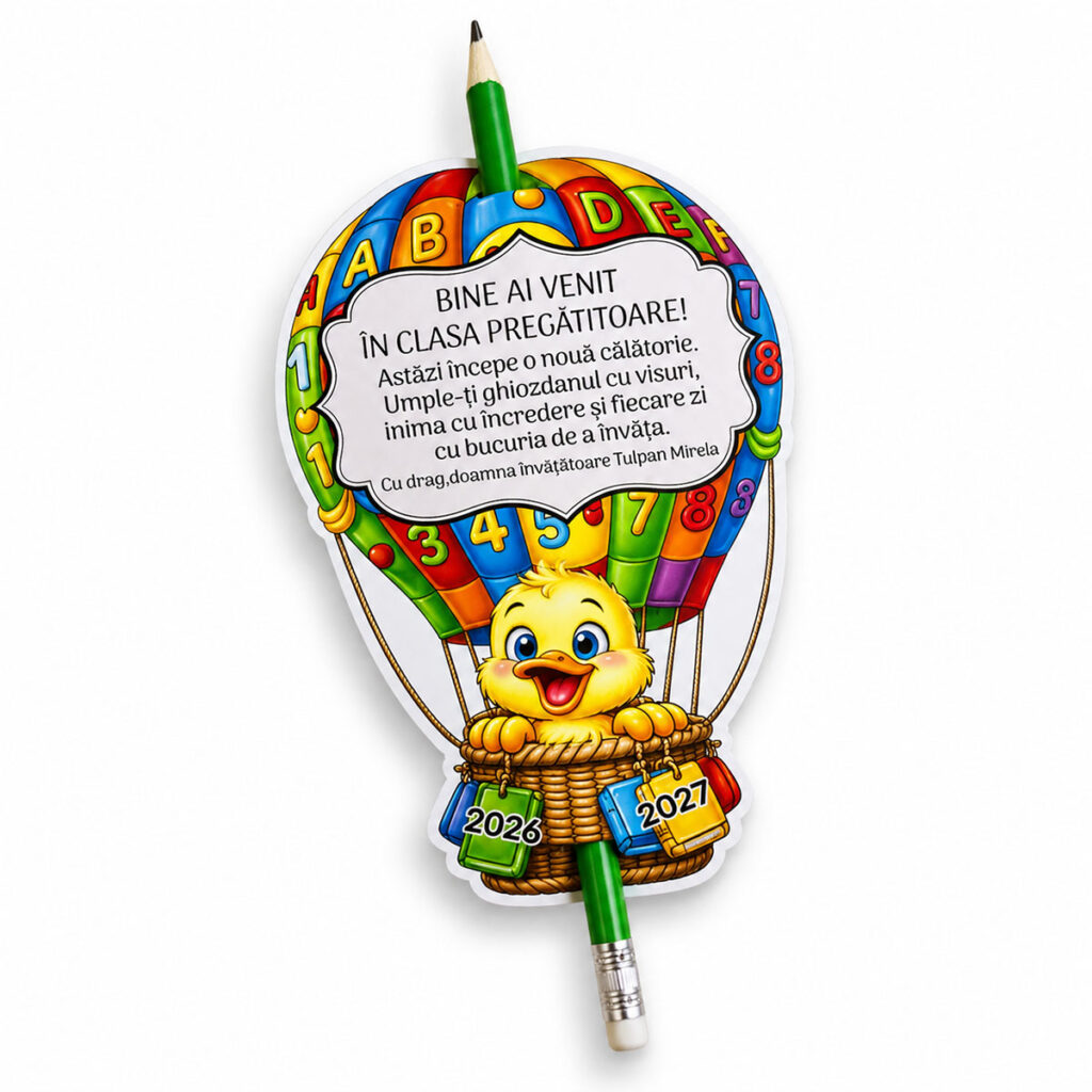 Cadou prima zi de școală – Creion cu suport personalizat Rățușcă, balon cu aer cald personalizat cu nume, mesaj și mascotă la alegere, realizat de Dedaruit.