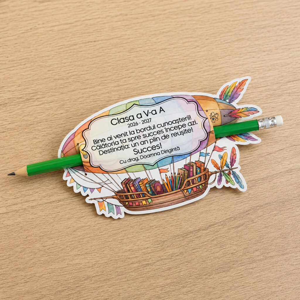 Cadou prima zi de școală cu creion personalizat și suport personalizat cu mesaj pentru elevi, clasa și anul școlar.