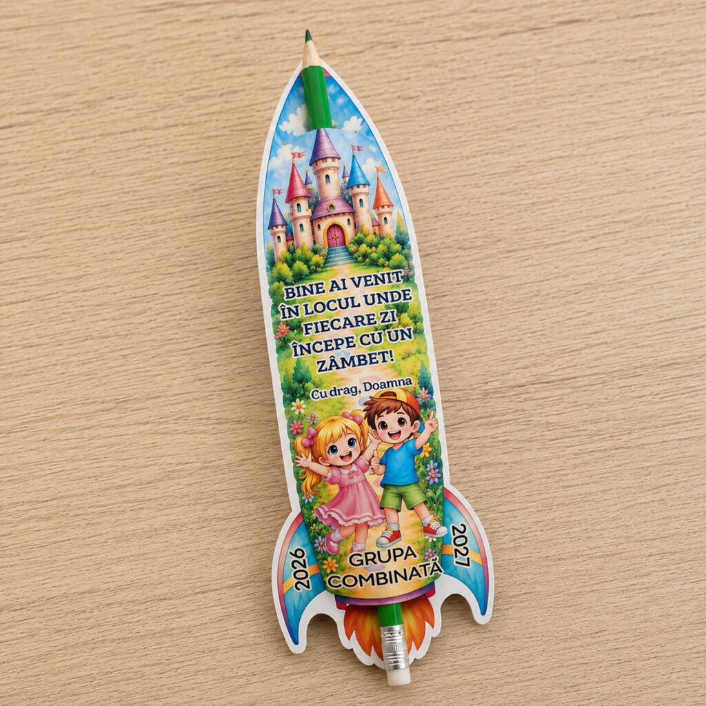Cadou prima zi de grădiniță cu creion și suport personalizat în formă de rachetă, imprimat color, personalizat pentru grupa și anul școlar, realizat de Dedaruit.