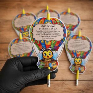 Cadou prima zi de școală cu creion și card personalizat în formă de balon cu aer cald, carton 250 g, personalizat cu mascotă, mesaj, clasa și anul școlar.