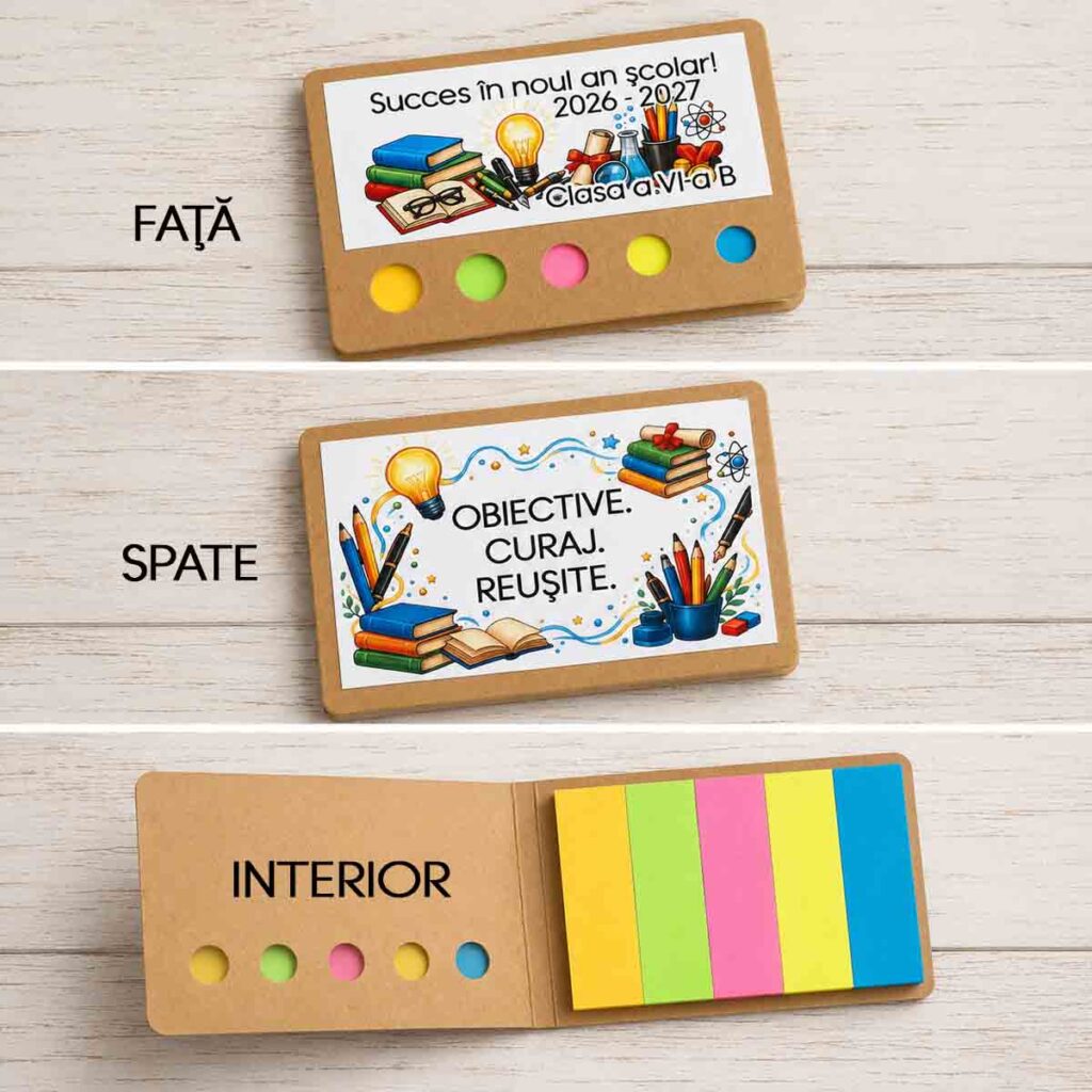 Cadou pentru elevi prima zi de școală – set personalizat cu 100 notițe adezive colorate, dimensiune 5,4 × 8,2 cm, realizat de Dedaruit.