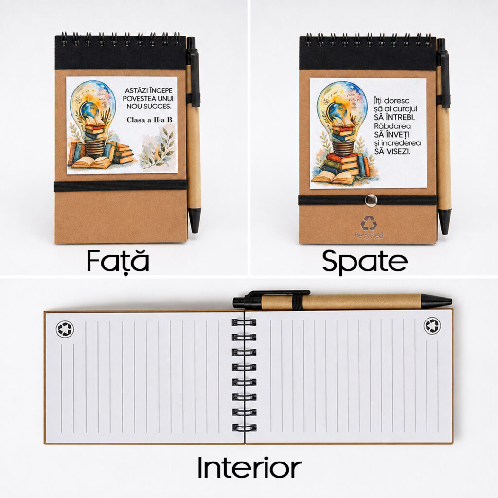 Blocnotes personalizat cu pix din carton reciclat, personalizat cu nume și mesaj, cadou pentru elevi în prima zi de școală – Dedaruit